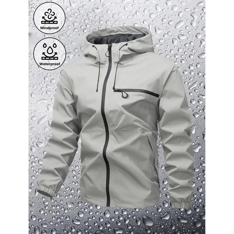 Men's Plain Waterproof Windproof Drawstring Zip Up Hooded Jacket, Casual Long Sleeve Zipper Pocket Design Outerwear for Outdoor Activities, Men's Clothes for All Seasons, Menswear m 65 jacket Stripe Print Baseball Bomber Jacket