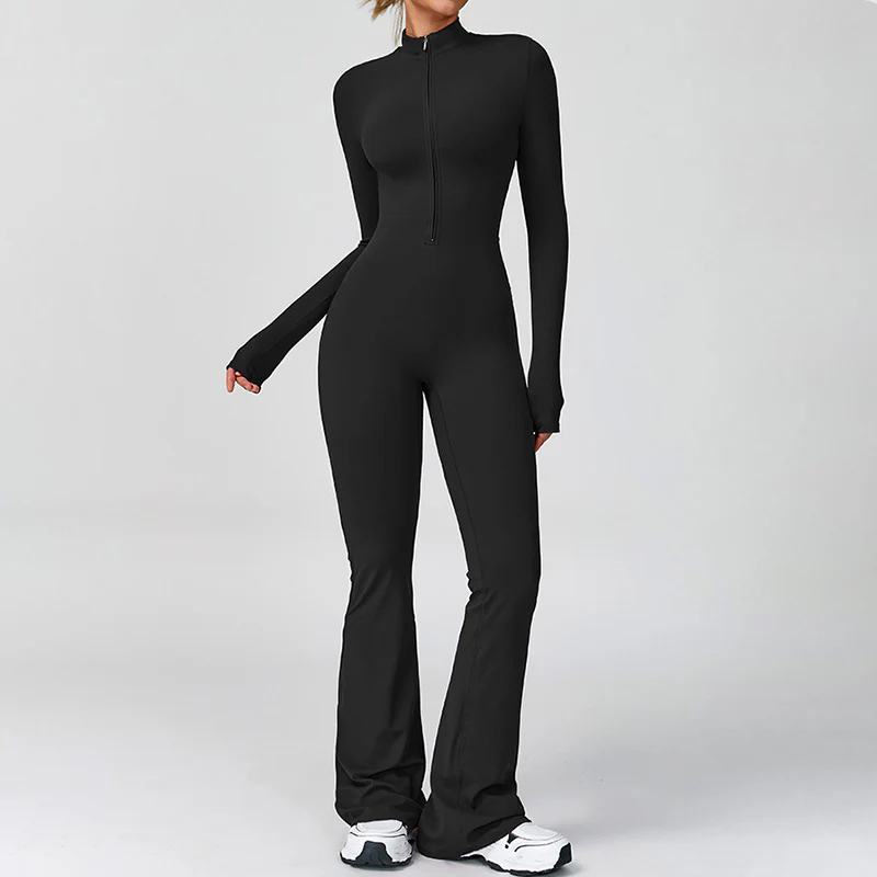 Half Zip Long Sleeve Flared Yoga Jumpsuit Set
