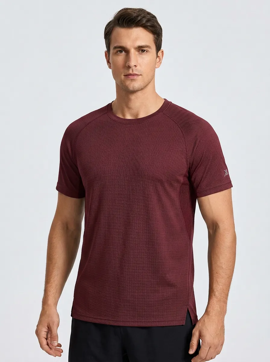 Men's Emblem Fitness Training Mesh Textured Raglan Performance Sport Crewneck T-Shirt