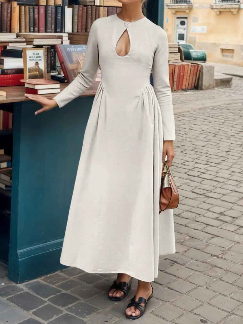 Polished Detail Long Sleeve Midi Dress