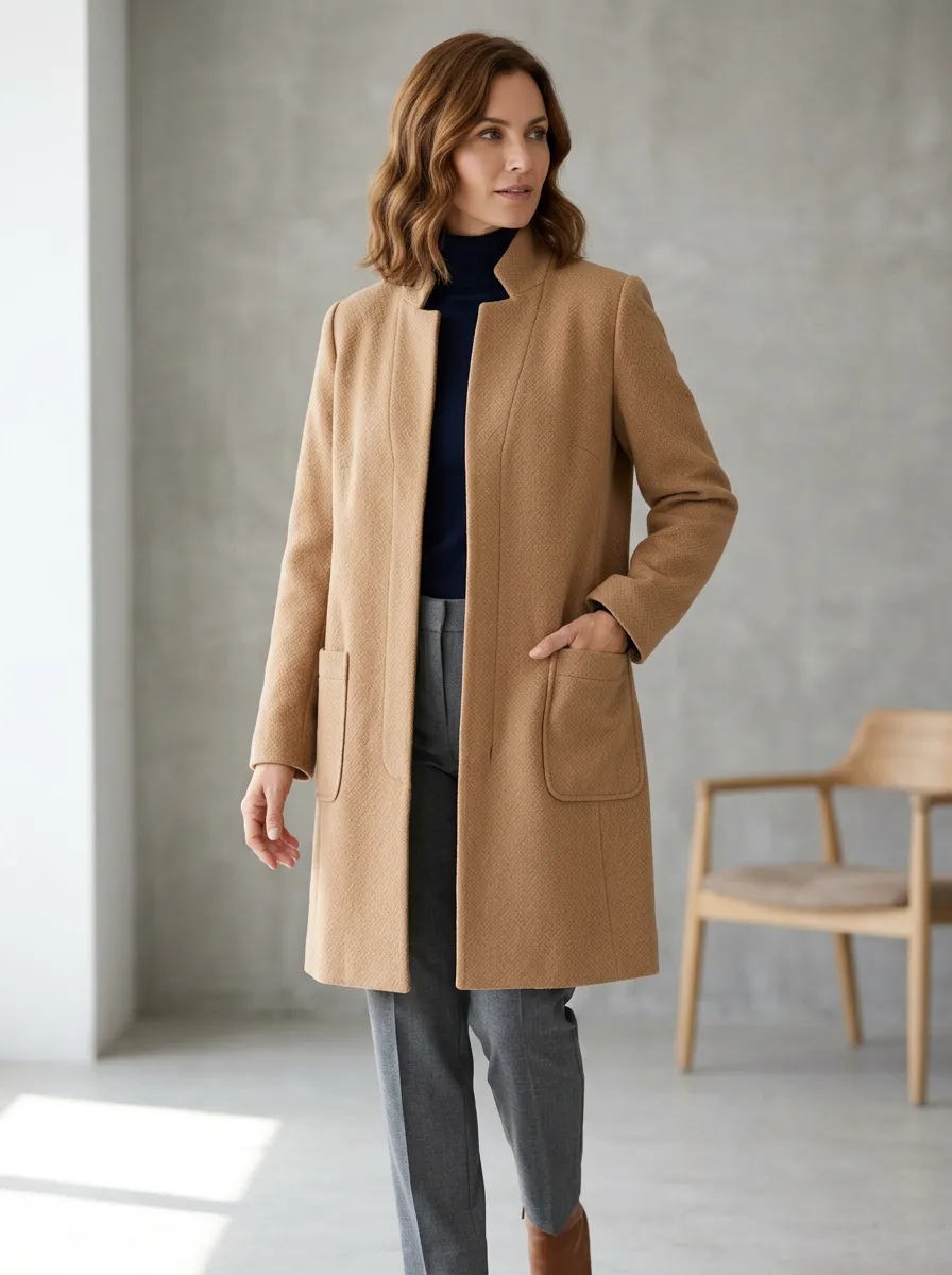 Women's Minimalist Camel Textured Wool Blend Coat
