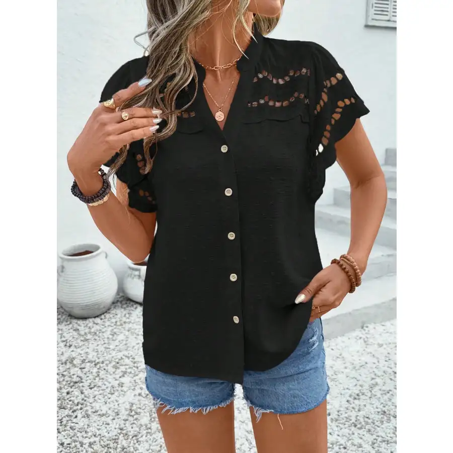 Swiss Dot Cutout Button Down Shirt