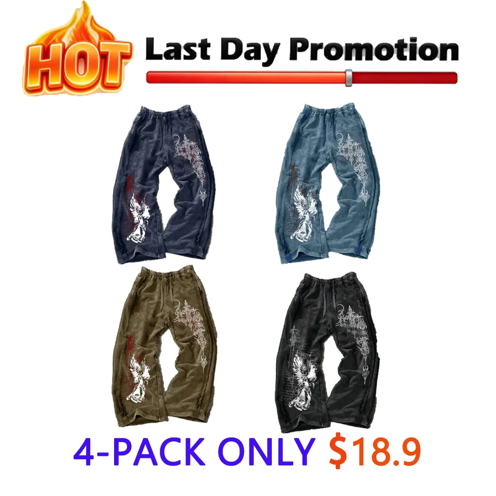 Men's Washed Cotton Sweatpants with Side Stitching, Gothic Pattern, Comfortable Casual Pants for Daily Wear