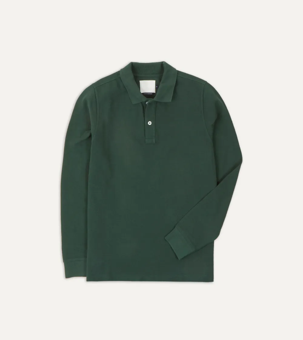 Green Pique Cotton Long-Sleeve Polo Shirt Plain