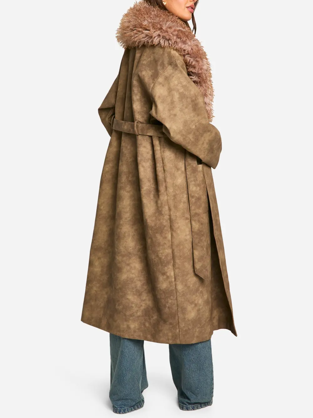 BROWN VINTAGE LOOK FAUX LEATHER TRENCH COAT