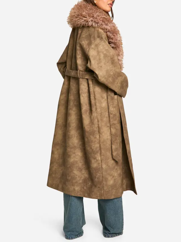 BROWN VINTAGE LOOK FAUX LEATHER TRENCH COAT