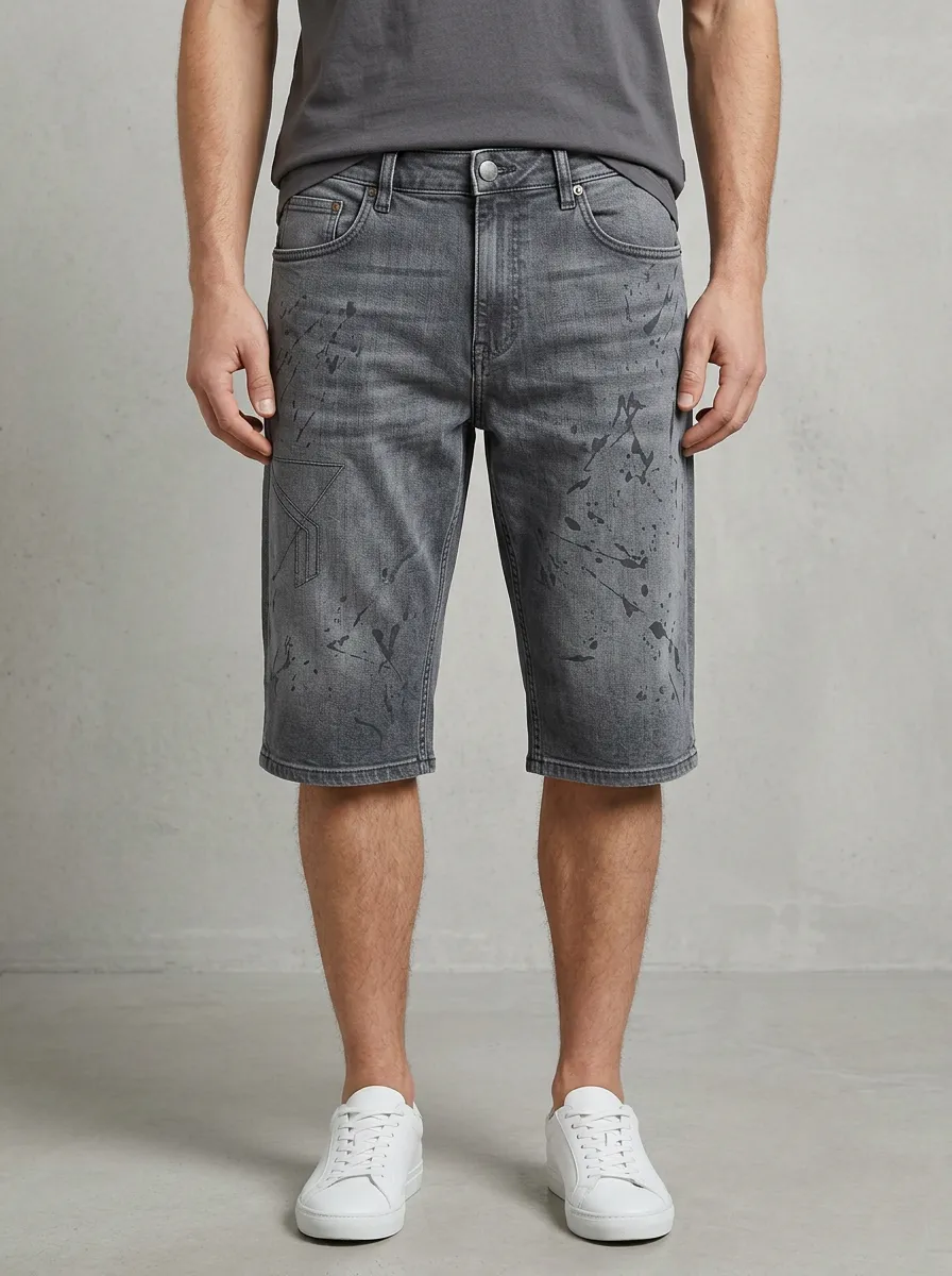 Men's Classic Paint Splatter Distressed Street Inspired Distressed Denim Shorts