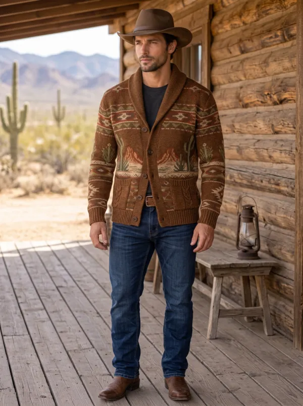 Dusty Trail Cactus Desert Range Look Men's Western Cardigan