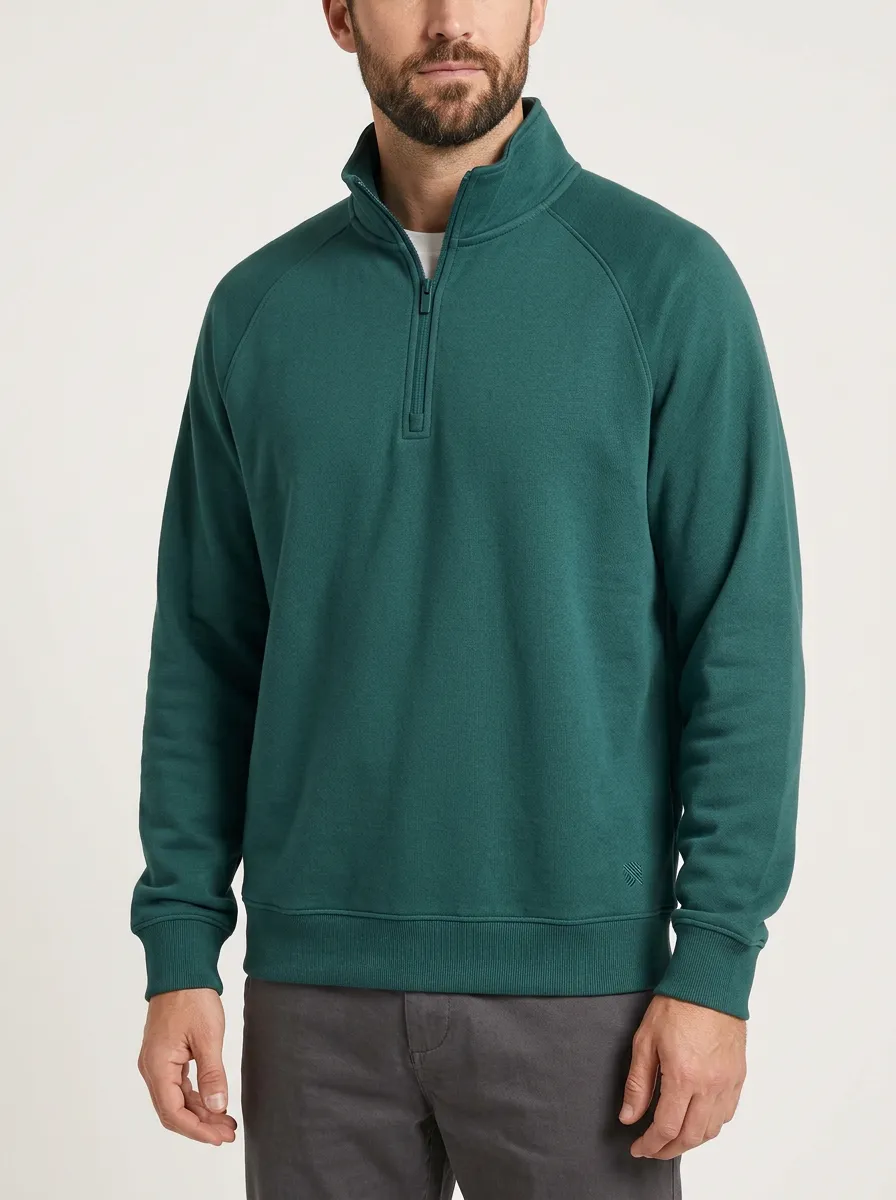 Men's Clean-Line Minimalist Textured Raglan Embroidered Emblem Stand-Collar Quarter-Zip Sweatshirt