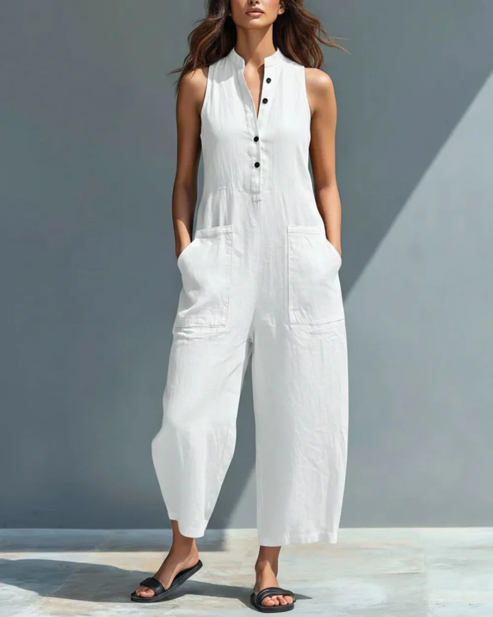Vintage Sleeveless Stand-Collar Wide-Leg Jumpsuit