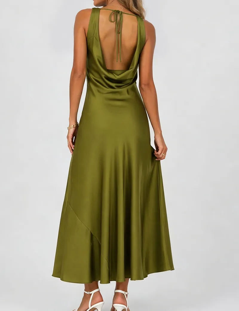 Chic Satin Cowl Neck Sleeveless Back Midi Dress