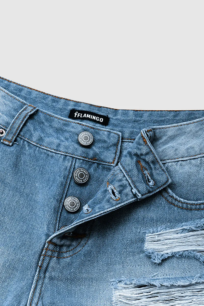 Button Fly Distressed Raw Hem Denim Shorts
