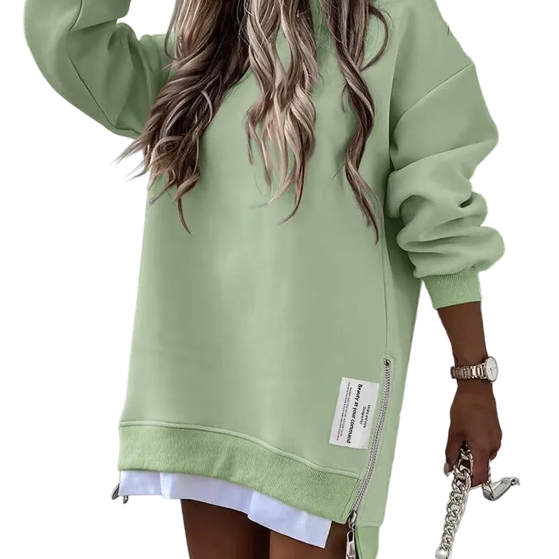 Womens Long Sleeve Pullover Sweatshirt Zipper Slit Casual Dress