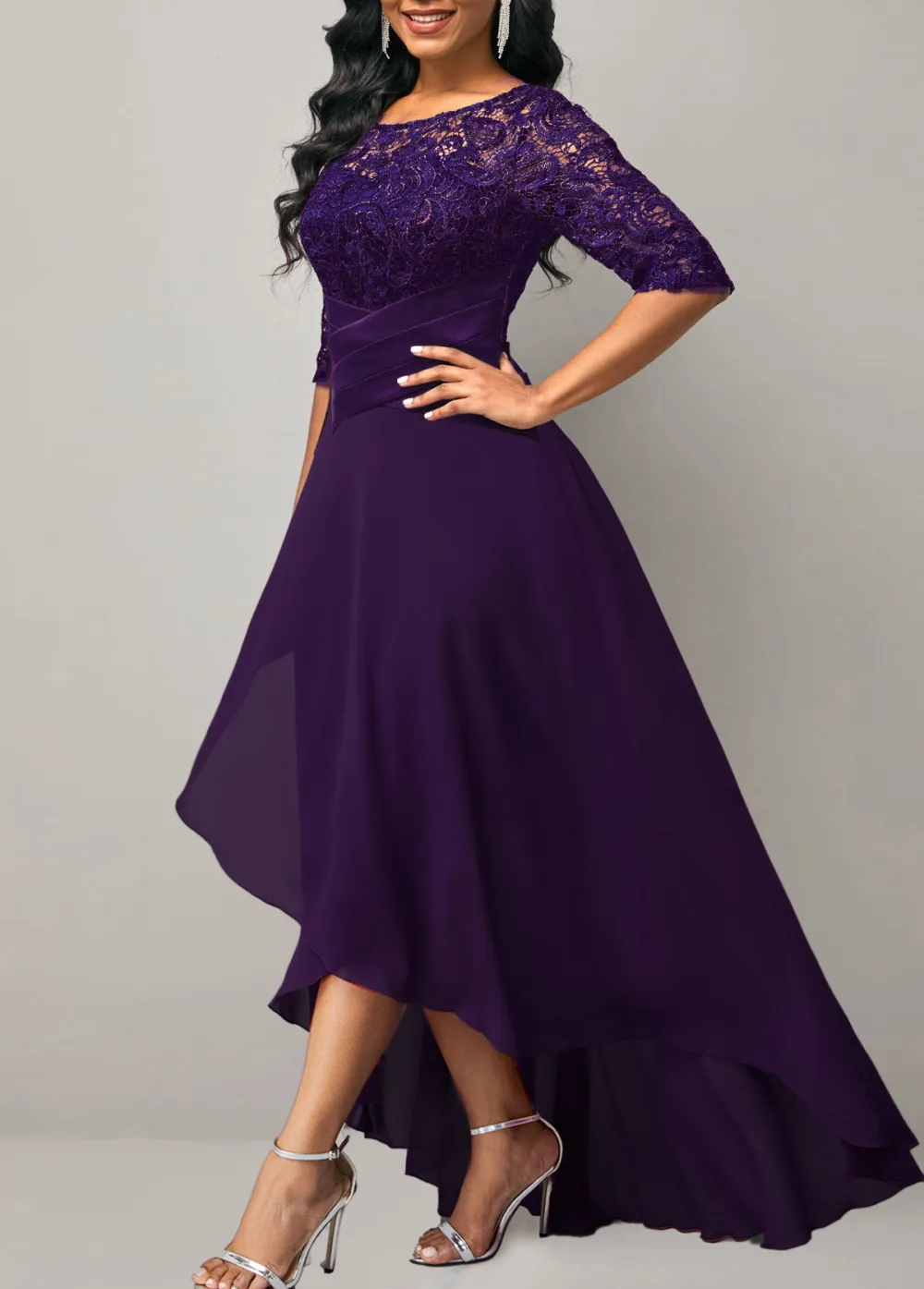 Lace Patchwork Half Sleeve Purple Dress