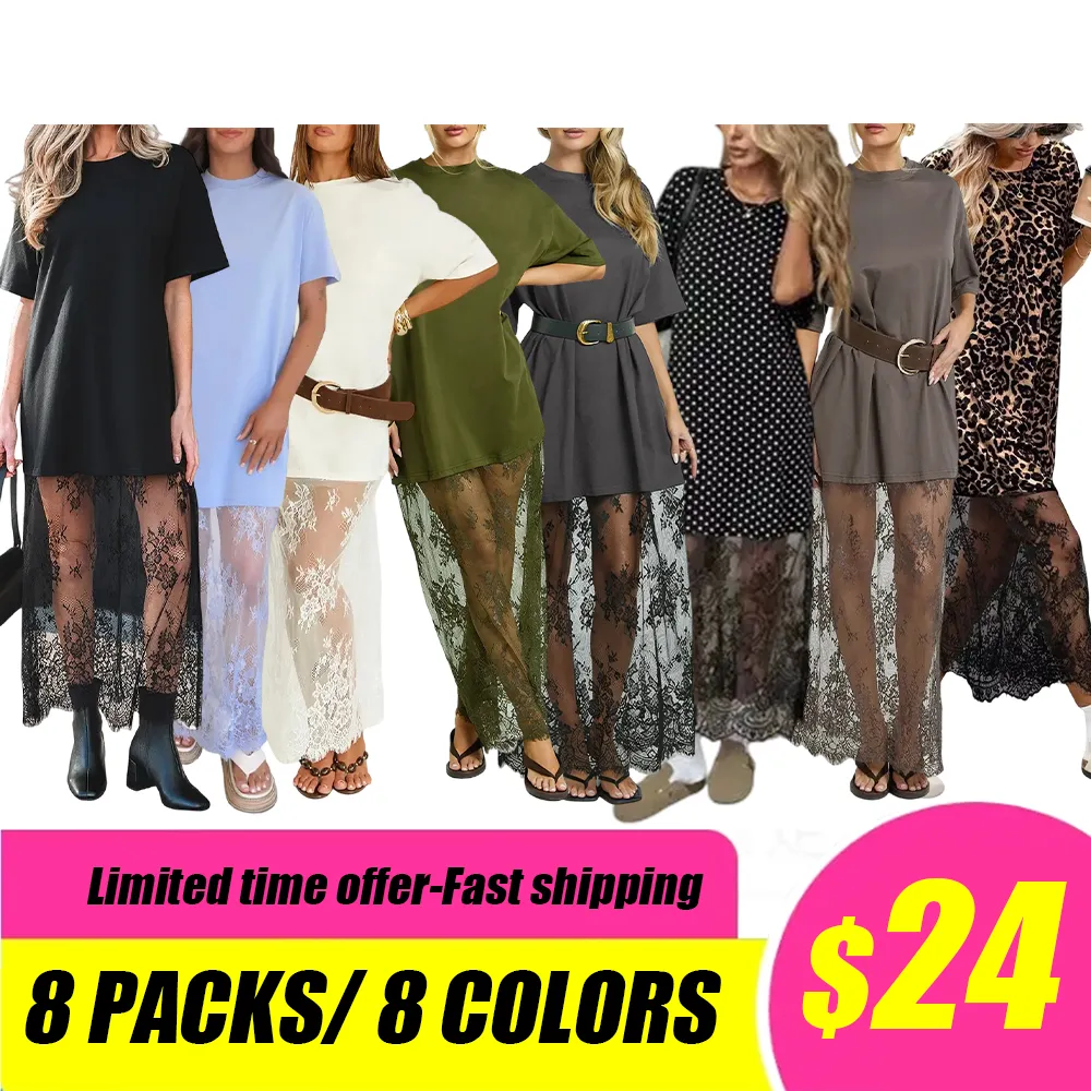 Women’s Oversized Tee Maxi Dress – Lace Hem Drop Shoulder Casual Chic