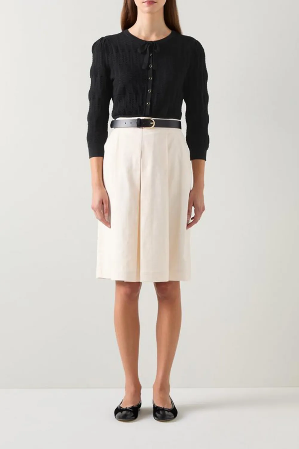 Beige Pleated Knee Length Shorts