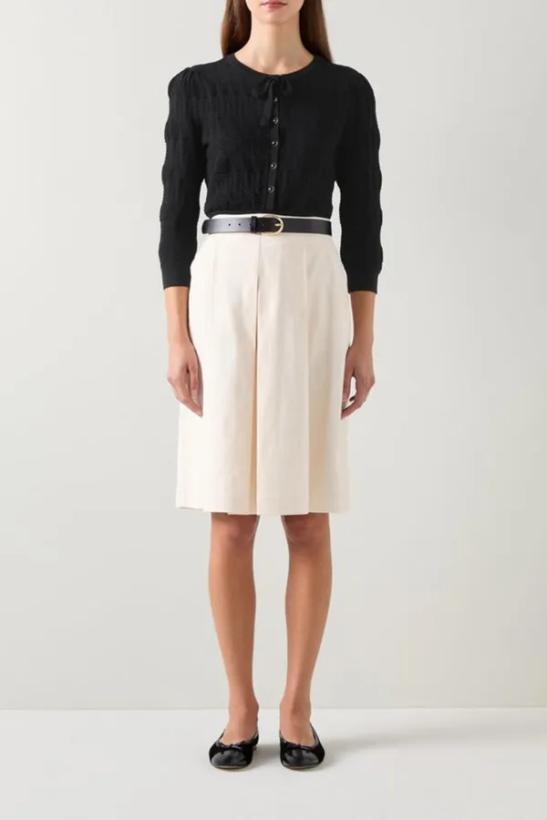 Beige Pleated Knee Length Shorts