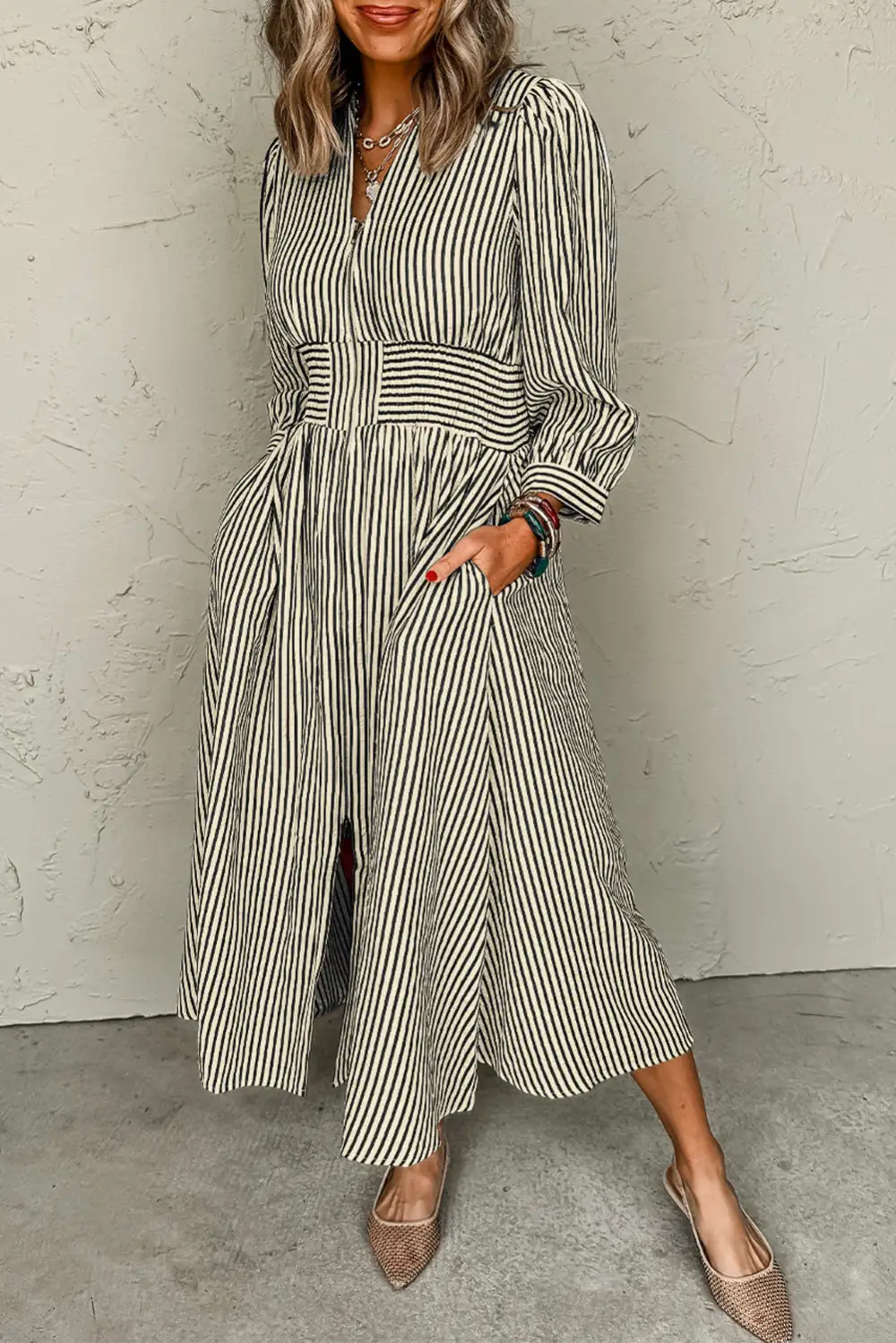 Balanced Detail Striped V Neck Zip Front Midi Dress