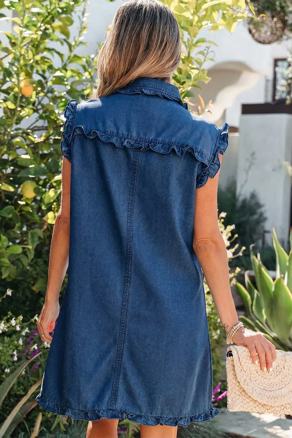 Denim Look Ruffle Trim Pocket Detail Mini Dress
