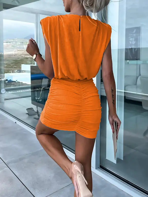 Short Sleeve Skinny Hollow Pleated Shoulder Pad Solid Color Round Neck