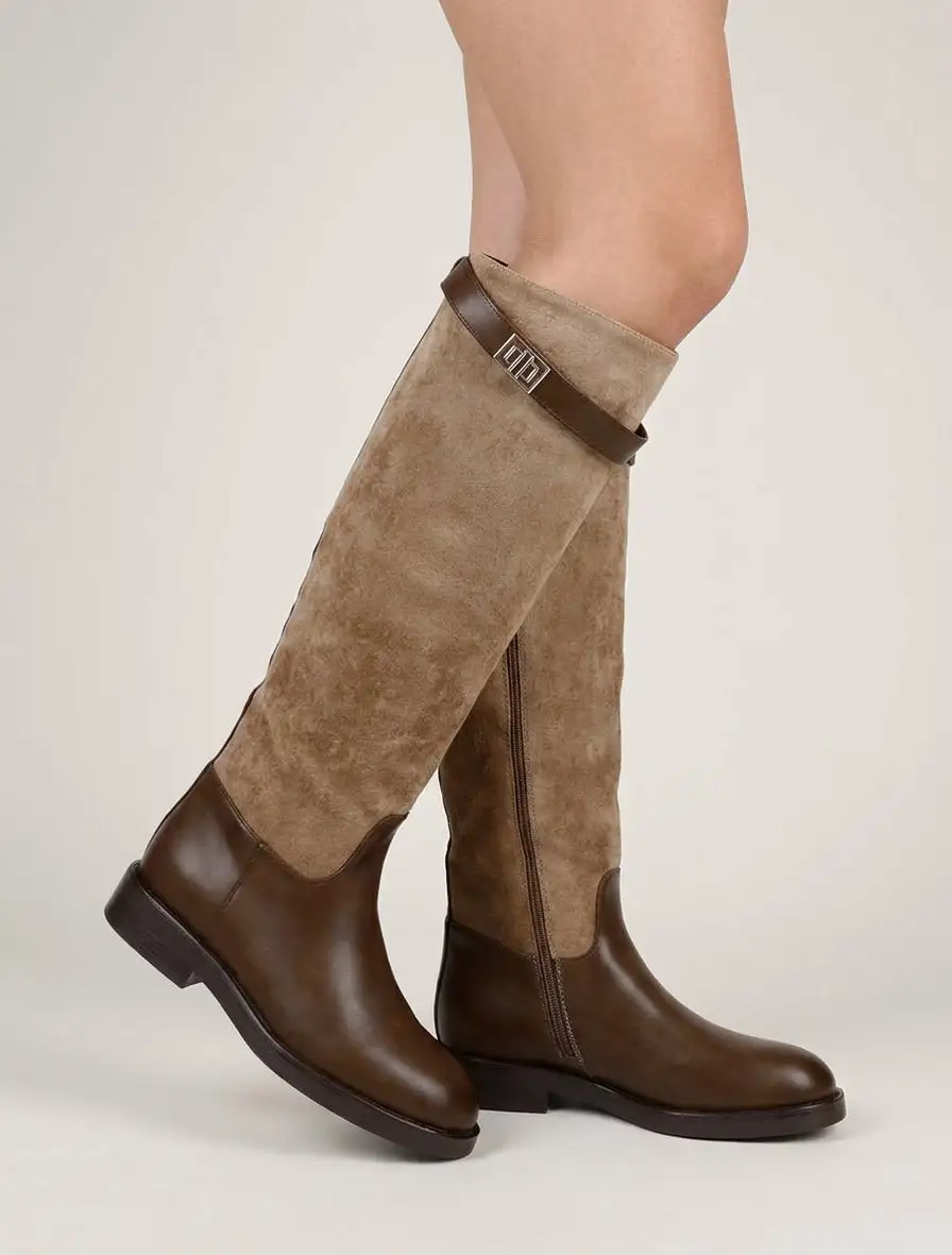 Buckle Detail Block Heel Faux Suede Faux Leather Knee High Boots