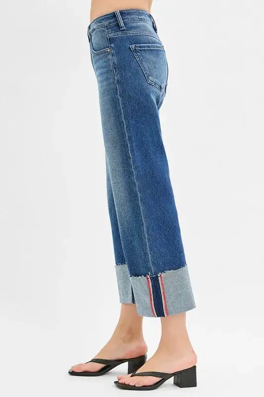 Tummy Control Mid Rise Crop Wide Denim Jeans