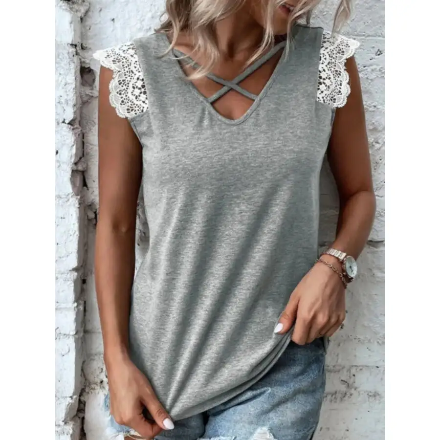 Lace Trim Cross Front V Neck Tank