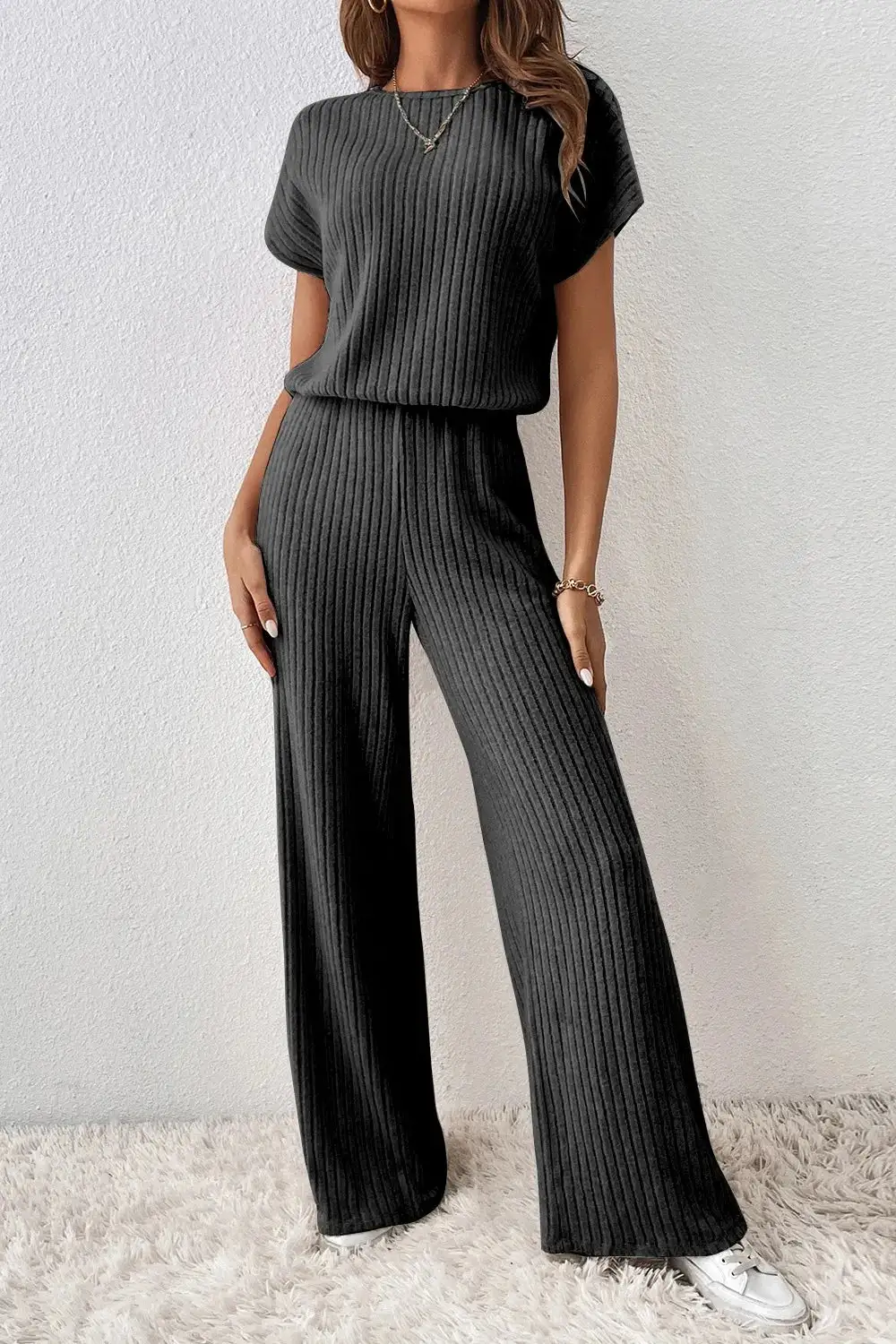 Ribbed Short Sleeve Wide Leg Jumpsuit Shorts