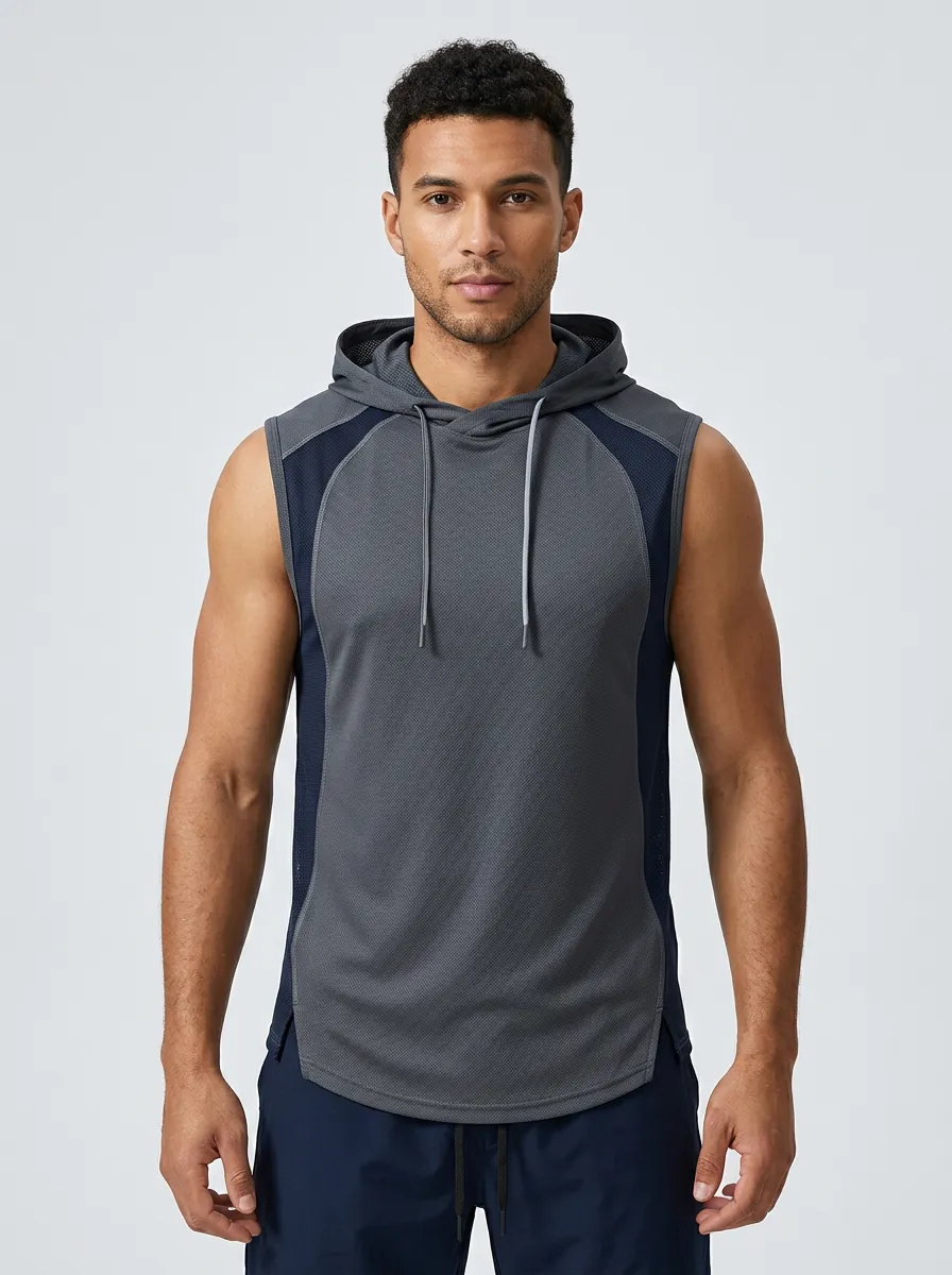 Men's Fitness Gym Workout Mesh Hooded Sleeveless Tank Top