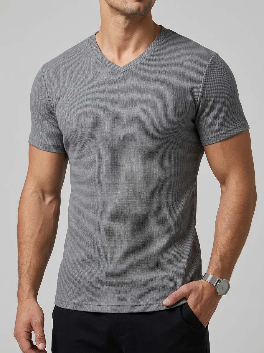 Men's Casual Minimalist Waffle Knit V-Neck T-Shirt