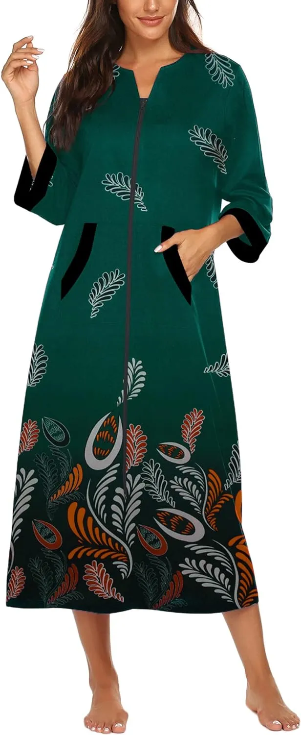 50% OFF Women Zipper Robe 3/4 Sleeves Loungewear Dress Full Length Sleepwear Pockets Housecoat Nightgown Long Bathrobe
