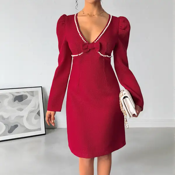 Women's V-Neck Puff-Sleeve Lace Dress