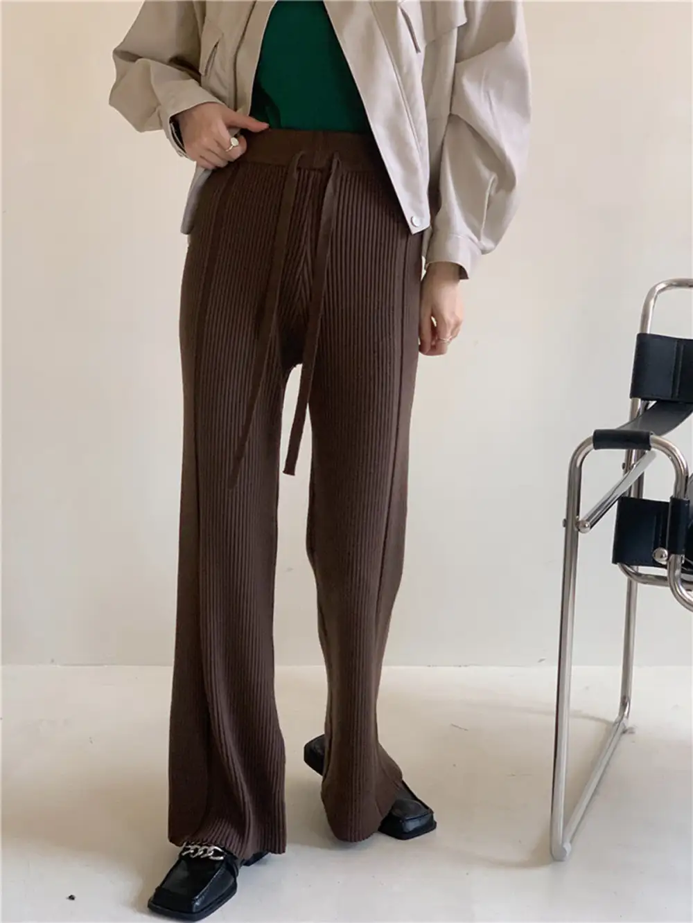 Effortlessly Drawstring Ribbed Wide Leg Pants
