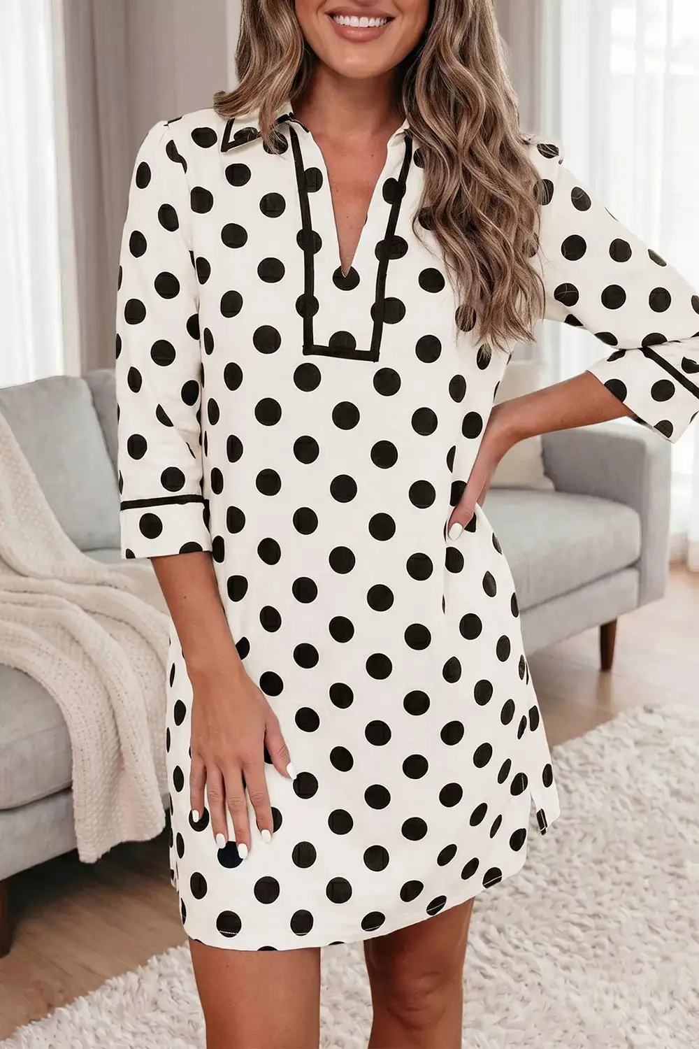 Polka Dot Half Sleeve Collar V-Neck Pocketed Casual Mini Dress