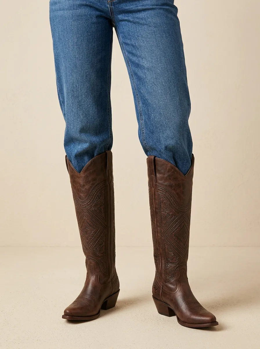 Women's Western Floral Geometric Embossed Pointed-Toe Block-Heel Stacked-Heel Denim Over-the-Knee Boots
