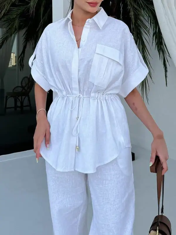 Relaxed Drawstring Blouse And Pants Set
