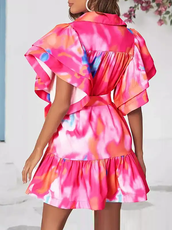 Relaxed Ruffle Sleeve Buttoned Leaves Print Split Joint Tied Waist Tie