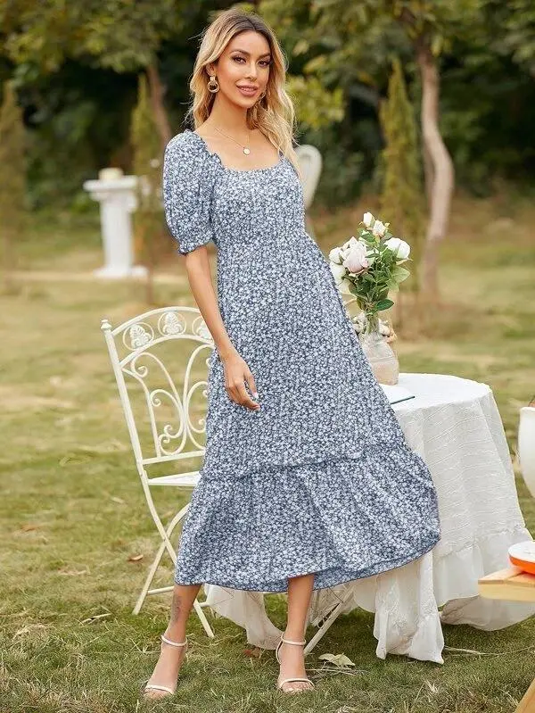 Women Square Neck Ditsy Floral Frill Trim Dress