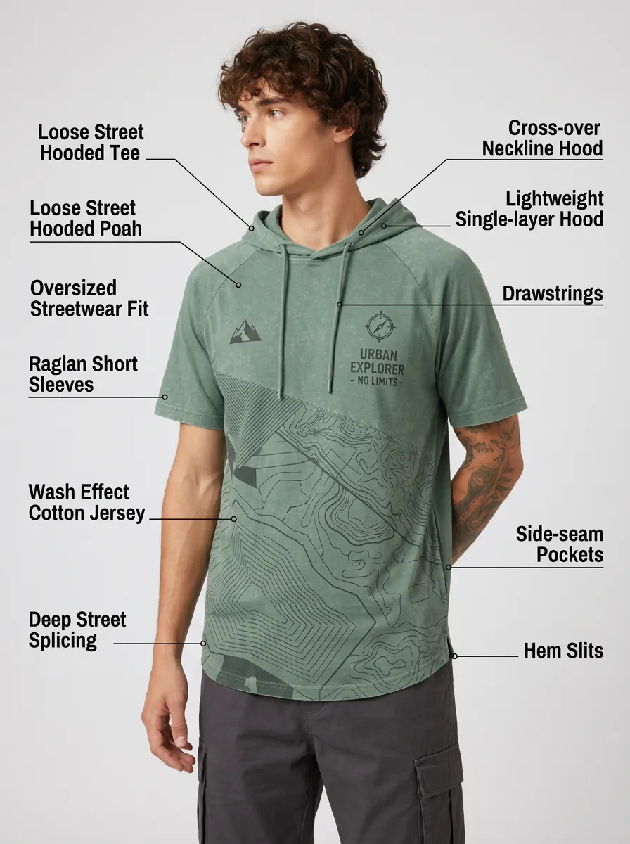 Men's Urban Explorer Adventure Topographic Printed Hooded T-shirt
