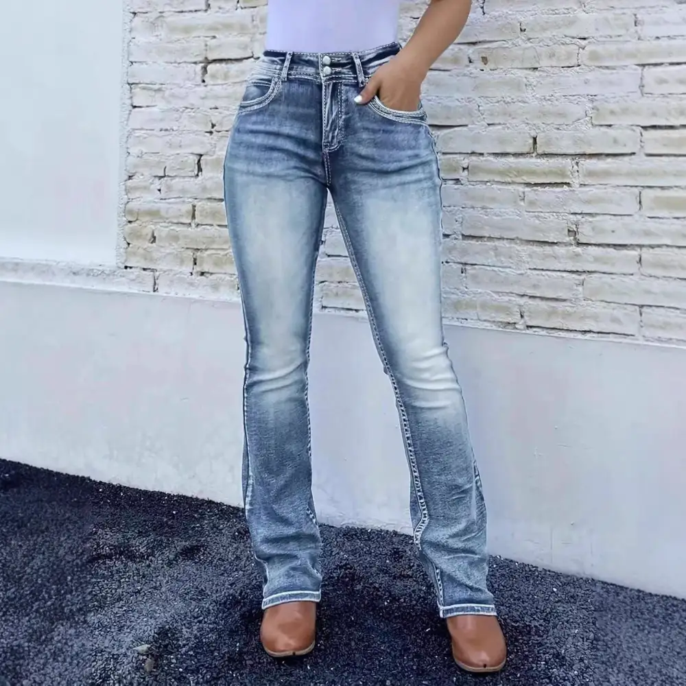 Washed Embroidered Flare Denim Jeans