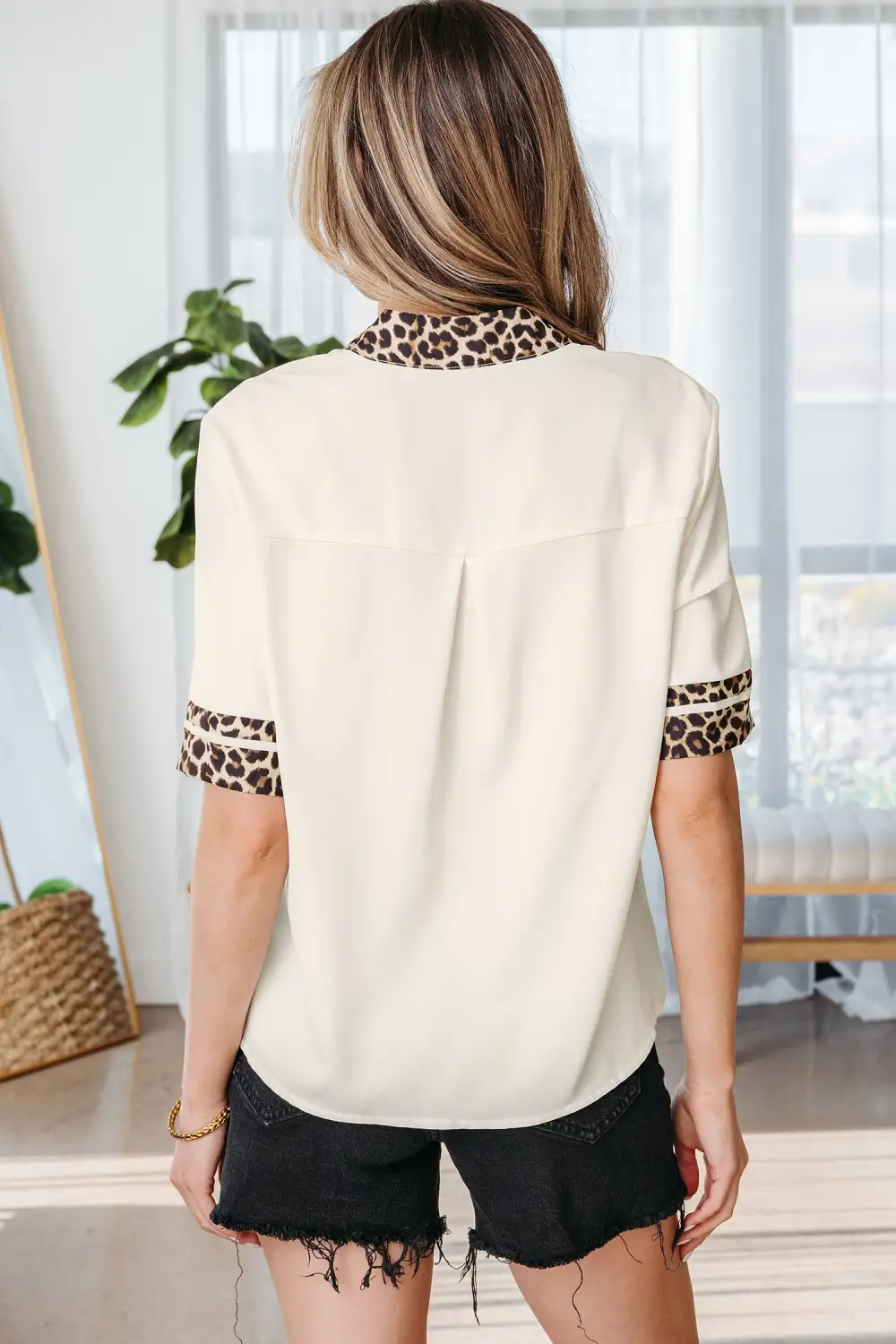 Leopard Print Patchwork Short Sleeve Blouse