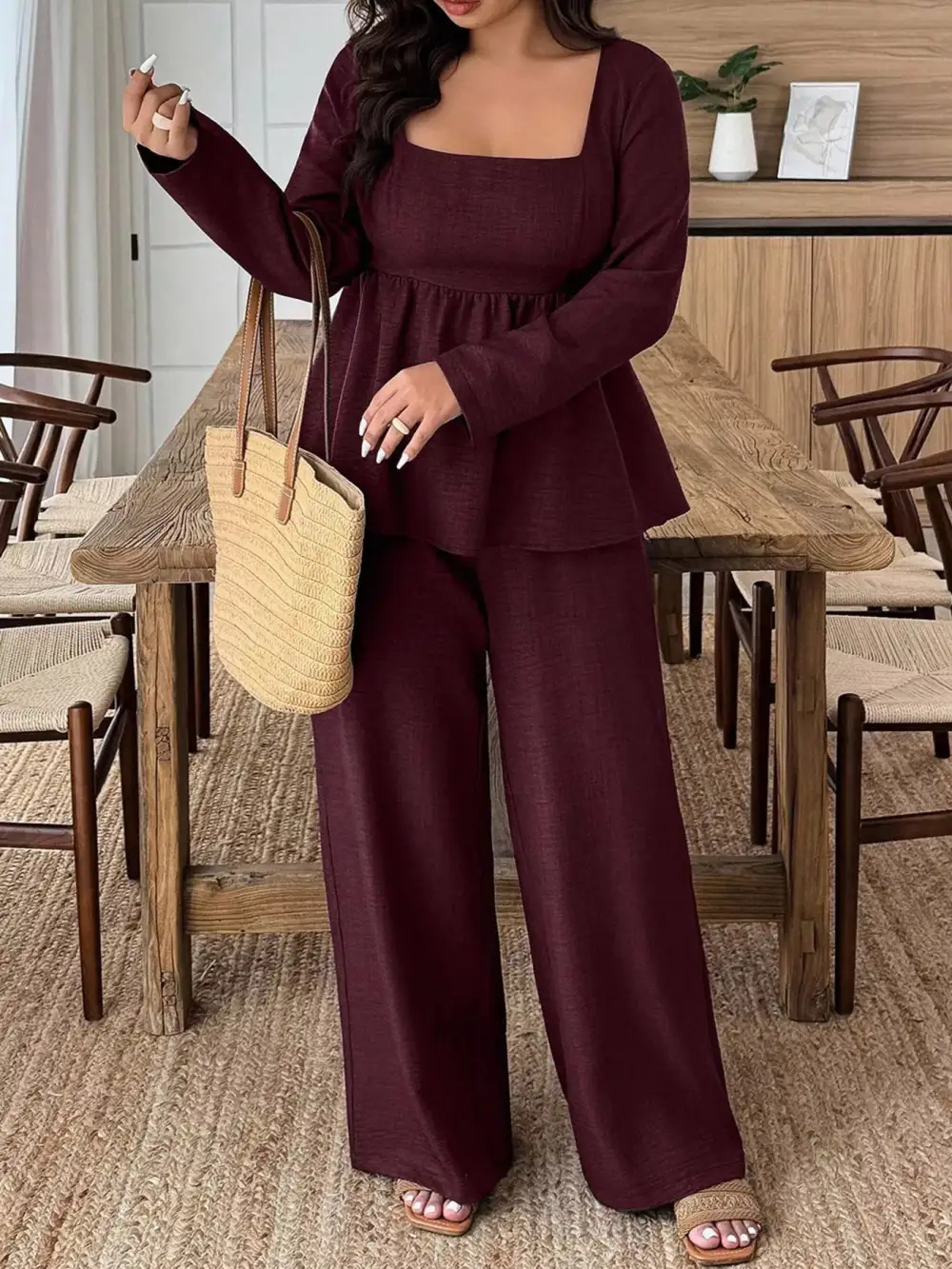 Plus Size Square Neck Long Sleeve Top and Pants Two Piece Set