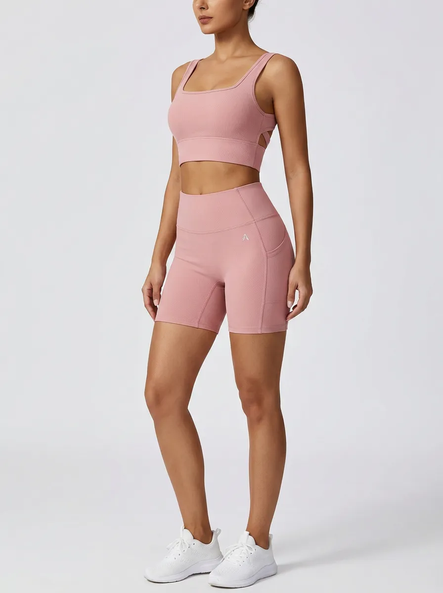 Women's Fitness Yoga Gym Ribbed Pink Workout Short Set
