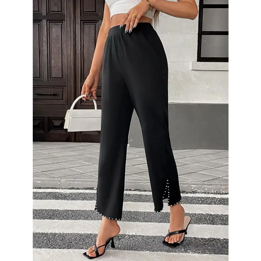 Pearl Embellished Cropped Wide Leg Pants