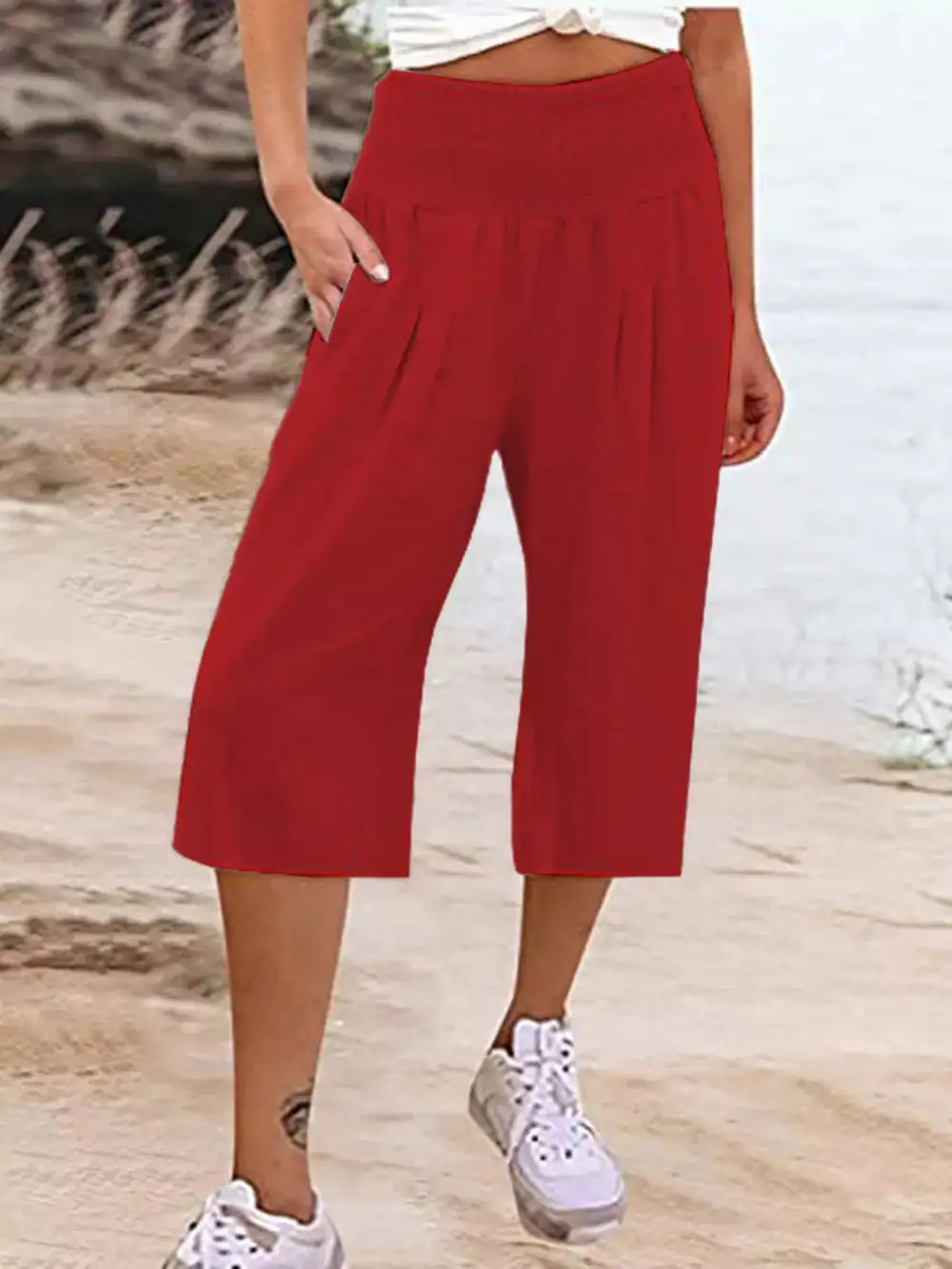 Smocked Wide Leg Capri Pants