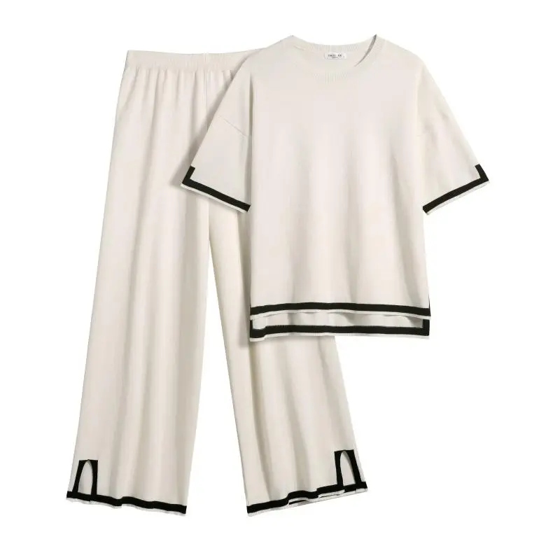 Women's 2-Piece Lounge Set - Black Knit Tracksuit with Short Sleeve Top & Wide Leg Pants - Soft Stretchy Homewear for Casual Wear