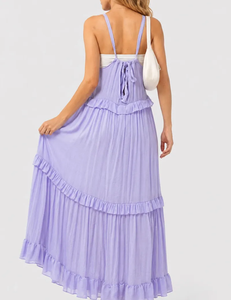 Boho Ruffle Tiered Hem Sleeveless Solid Color Maxi Dress