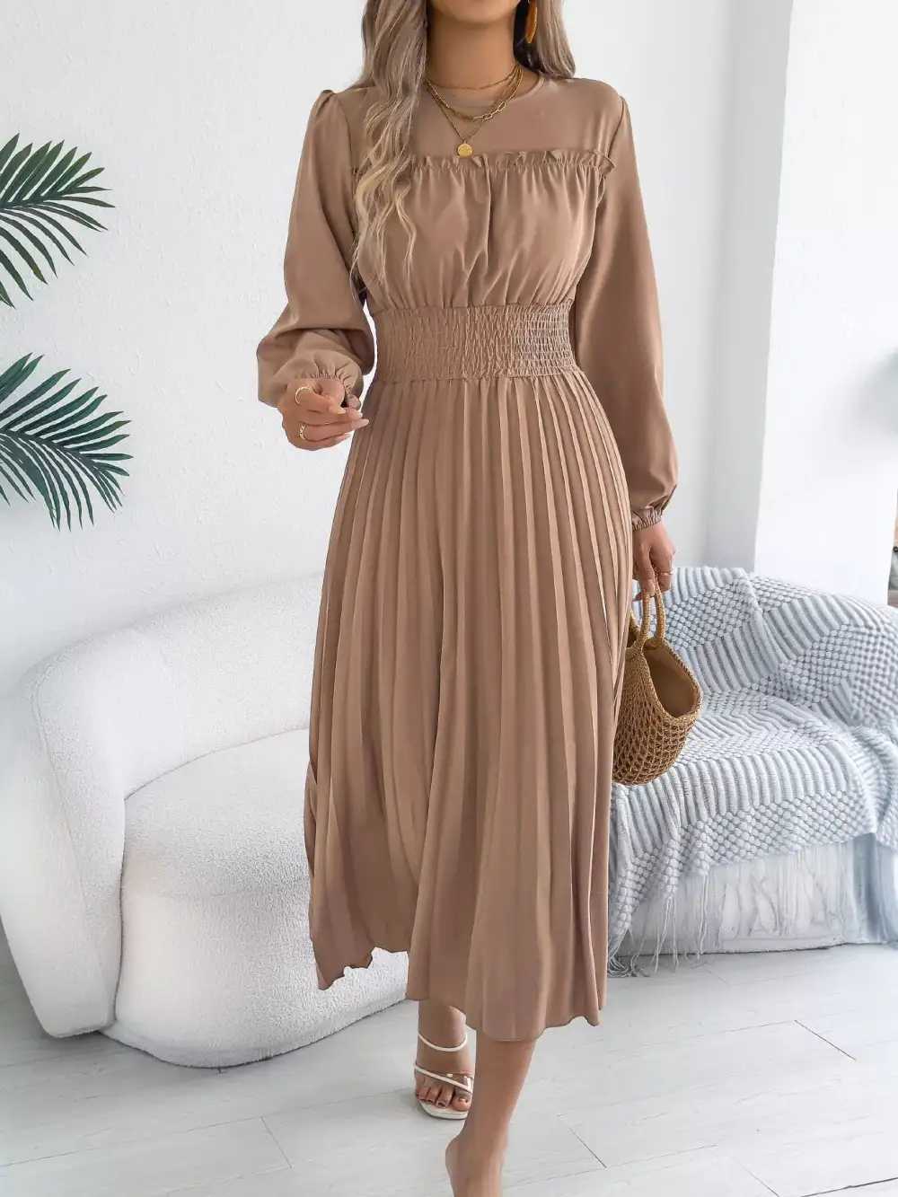 Pleated Smocked Long Sleeve Midi Dress