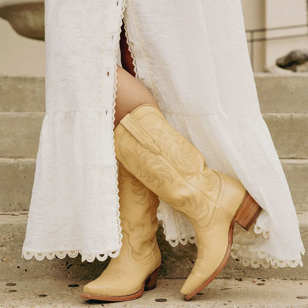 Faux-Leather Embroidered Snip-Toe Block-Heel Mid-Calf Boots