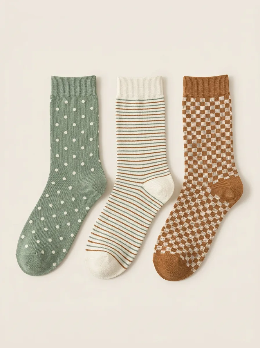 Casual Polka Dot Striped Checkerboard Three Pair Sock Set